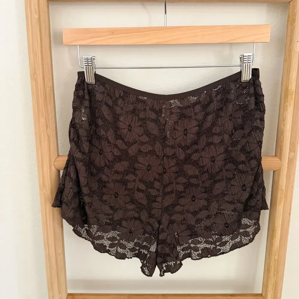 NWT Aerie Offshore Lace Boxer Shorts Deep Earth Brown Floral Lace Medium Pajama